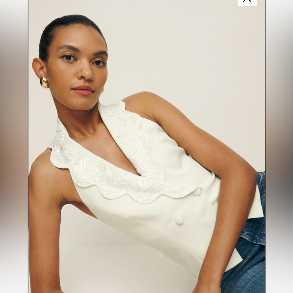 Reformation Cream Embroidered Ruffle Halter Tank - Picture 2 of 15